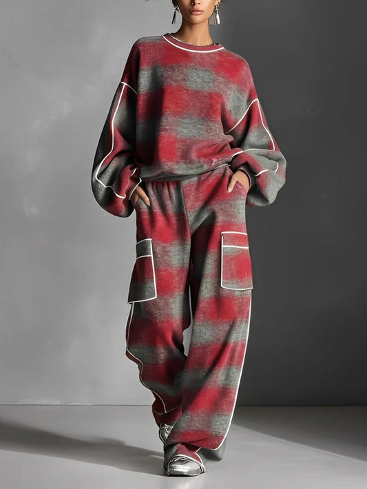 Conjunto de Sudadera y Pantalón a Cuadros Rojo y Gris