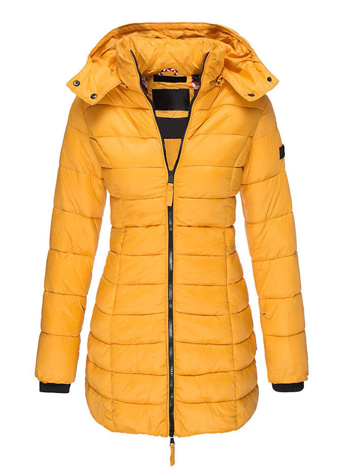 Aria - Abrigo acolchado de invierno con capucha de largo medio entallada para mujer