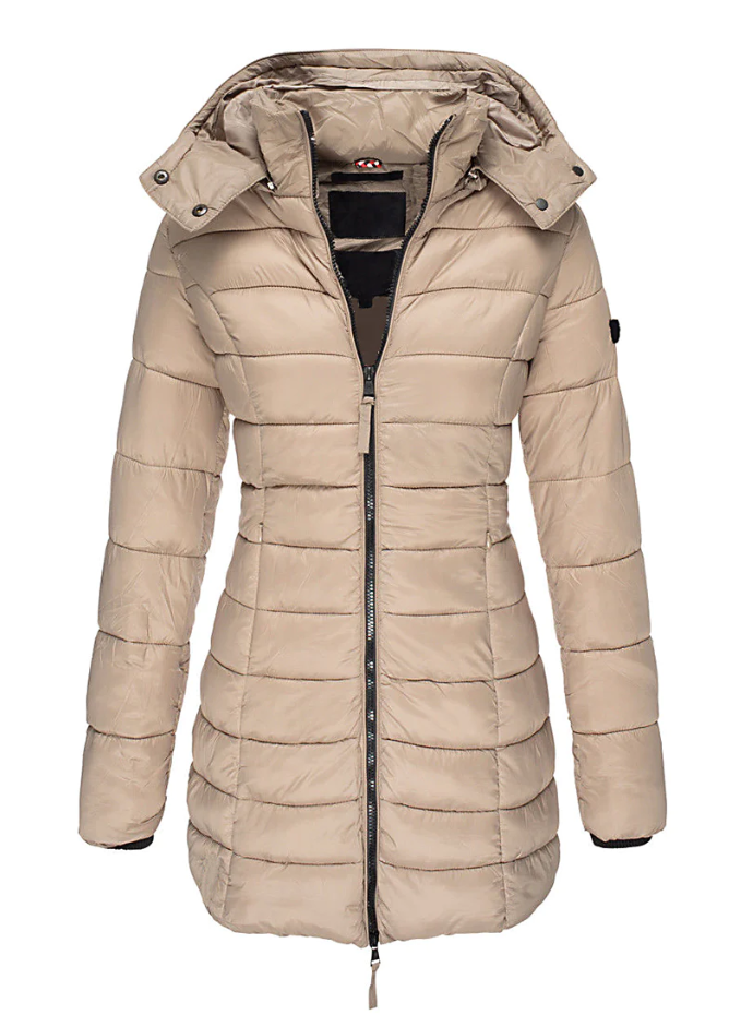 Aria - Abrigo acolchado de invierno con capucha de largo medio entallada para mujer