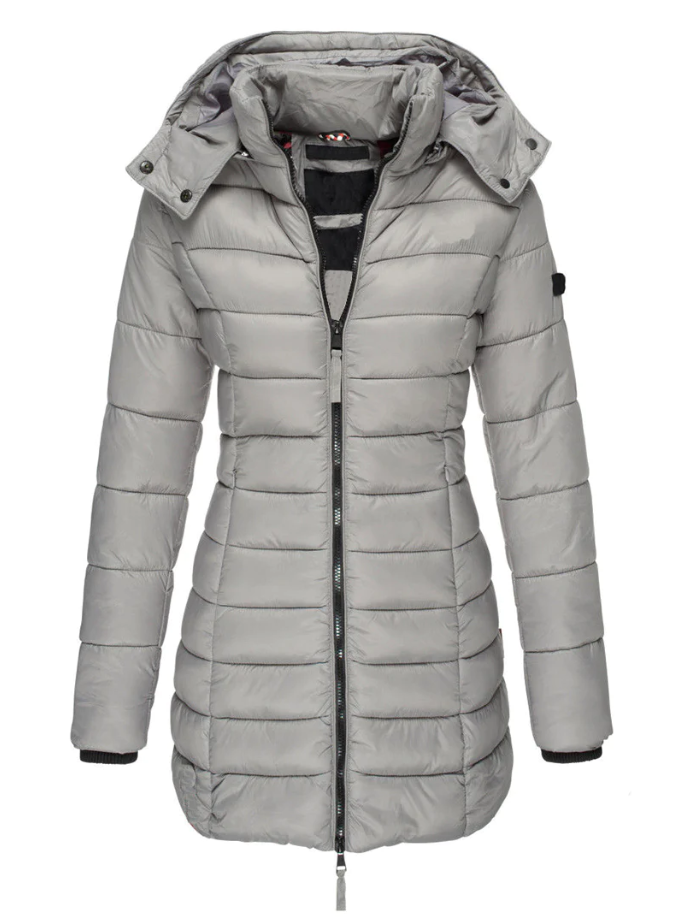 Aria - Abrigo acolchado de invierno con capucha de largo medio entallada para mujer