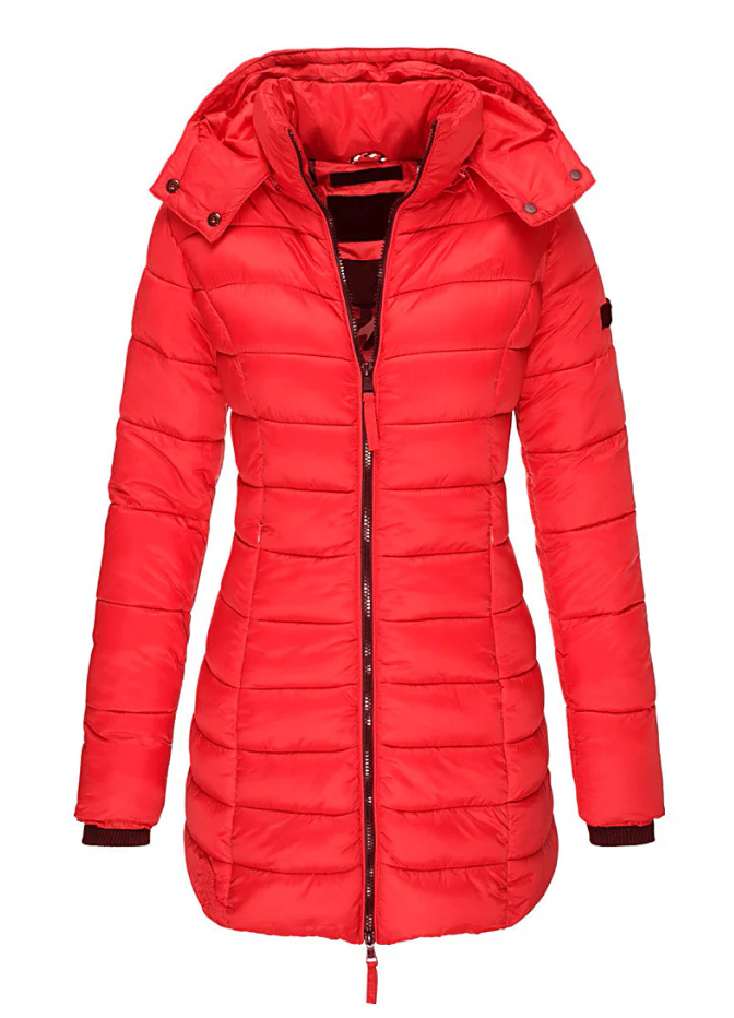 Aria - Abrigo acolchado de invierno con capucha de largo medio entallada para mujer