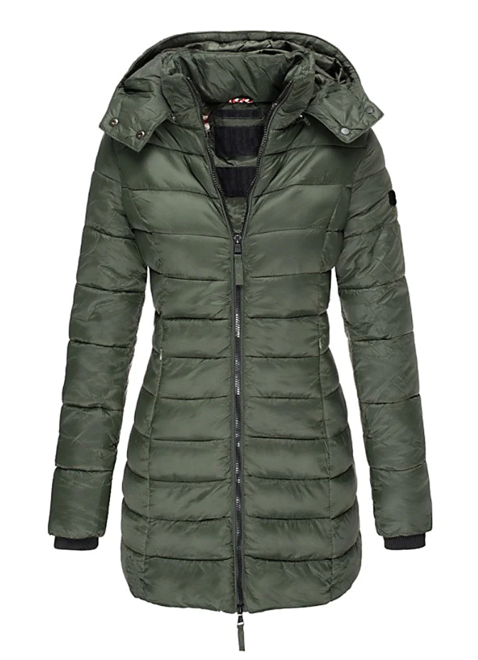 Aria - Abrigo acolchado de invierno con capucha de largo medio entallada para mujer