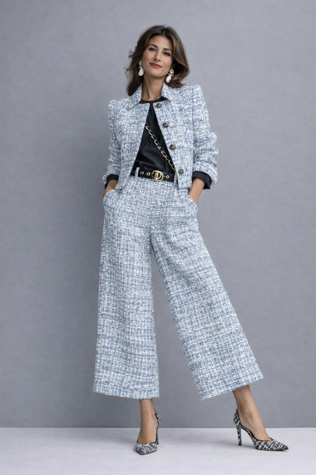 Irene | Conjunto de tweed con chamarra y pantalón de pernera ancha