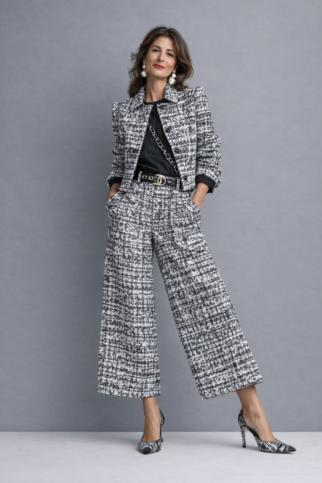 Irene | Conjunto de tweed con chamarra y pantalón de pernera ancha