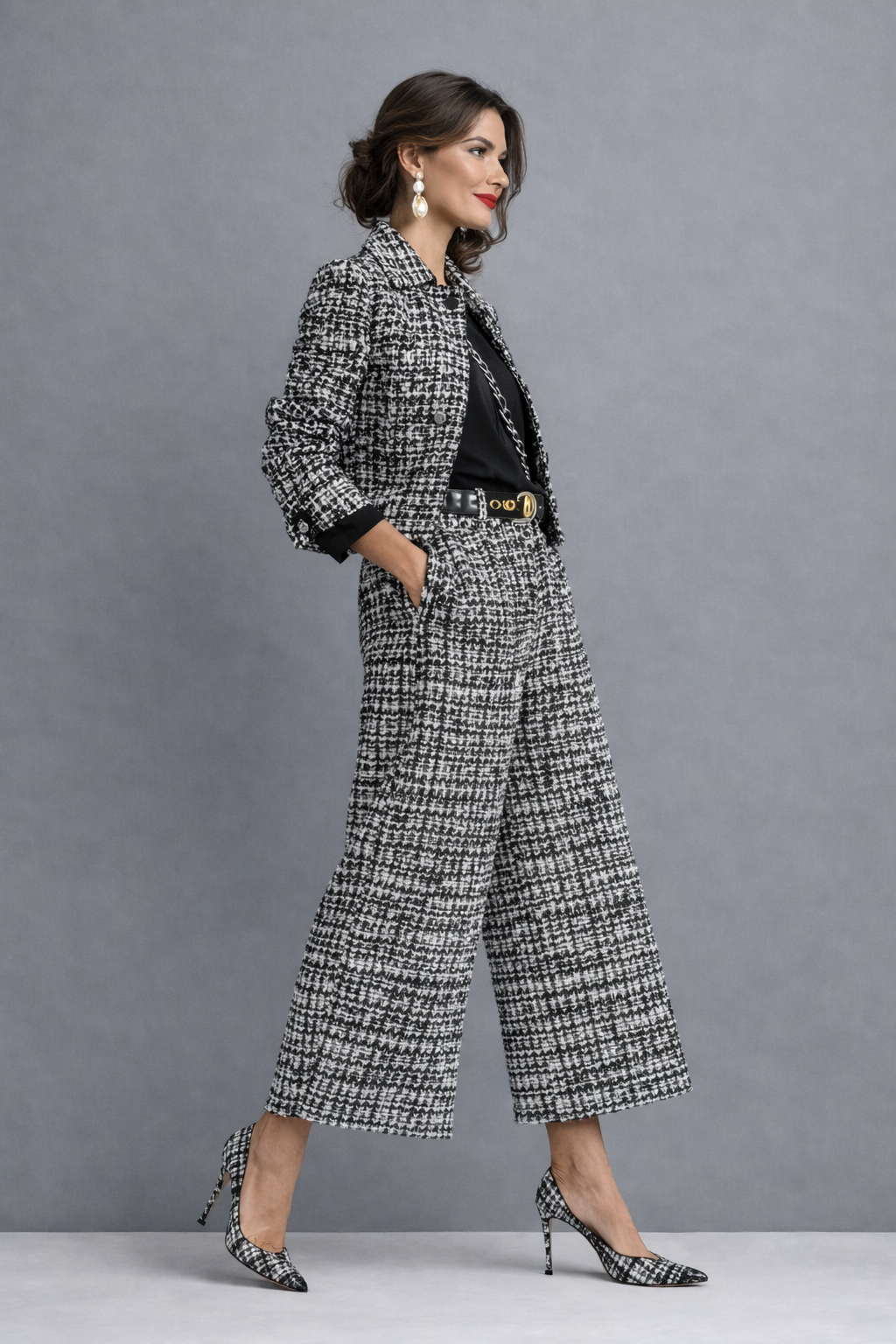 Irene | Conjunto de tweed con chamarra y pantalón de pernera ancha