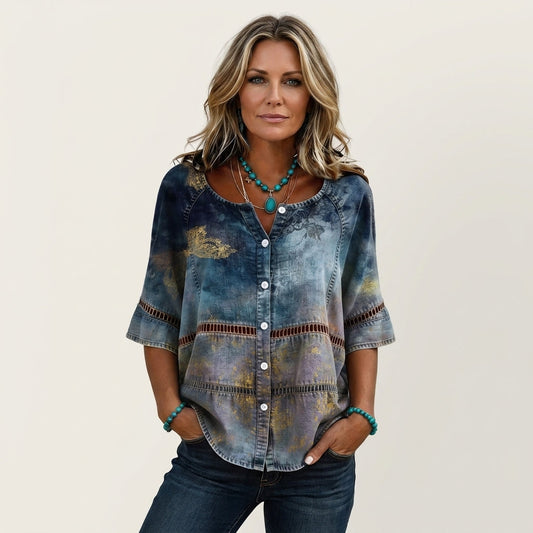 Remedios | Blusa Efecto Vaquero con Calados y Flores Doradas