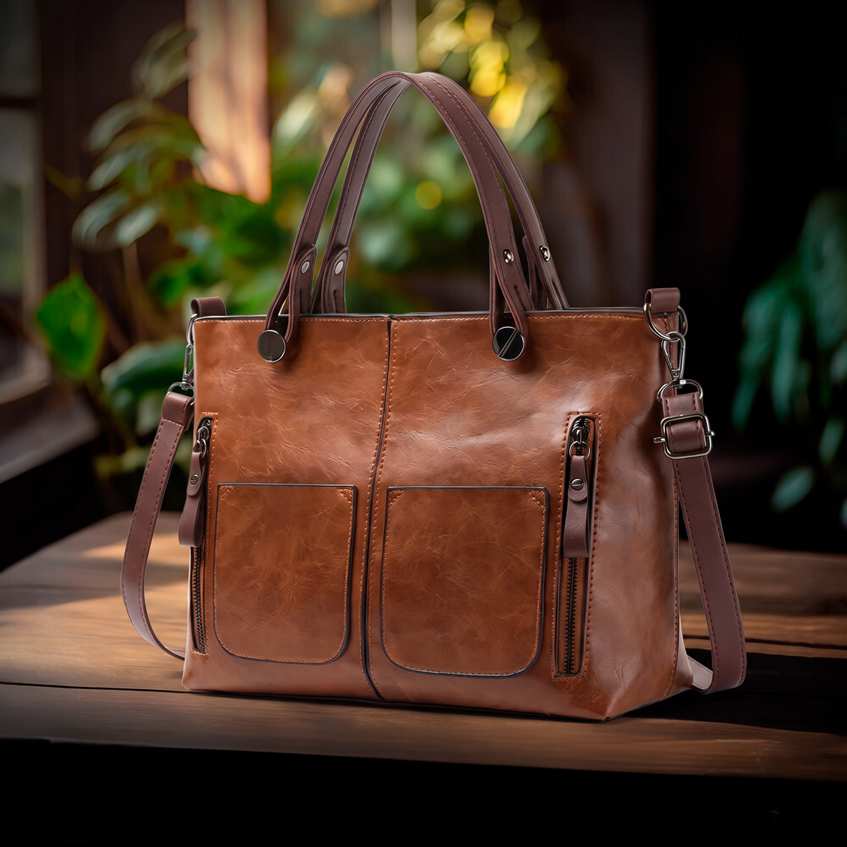 Bolso de Mano Polivalente sobre mesa de madera con fondo de plantas