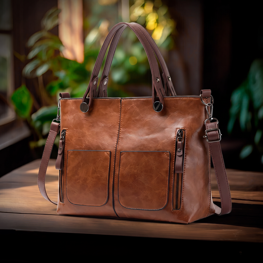 Bolso de Mano Polivalente sobre mesa de madera con fondo de plantas