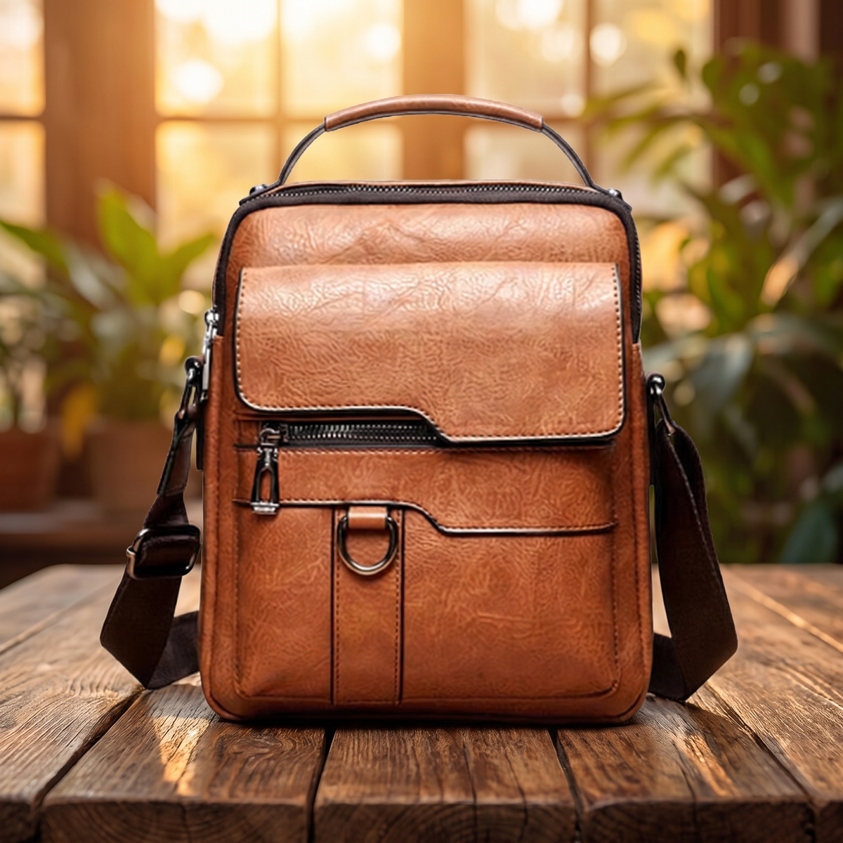 Bolso de Piel Practico sobre mesa de madera con fondo de plantas