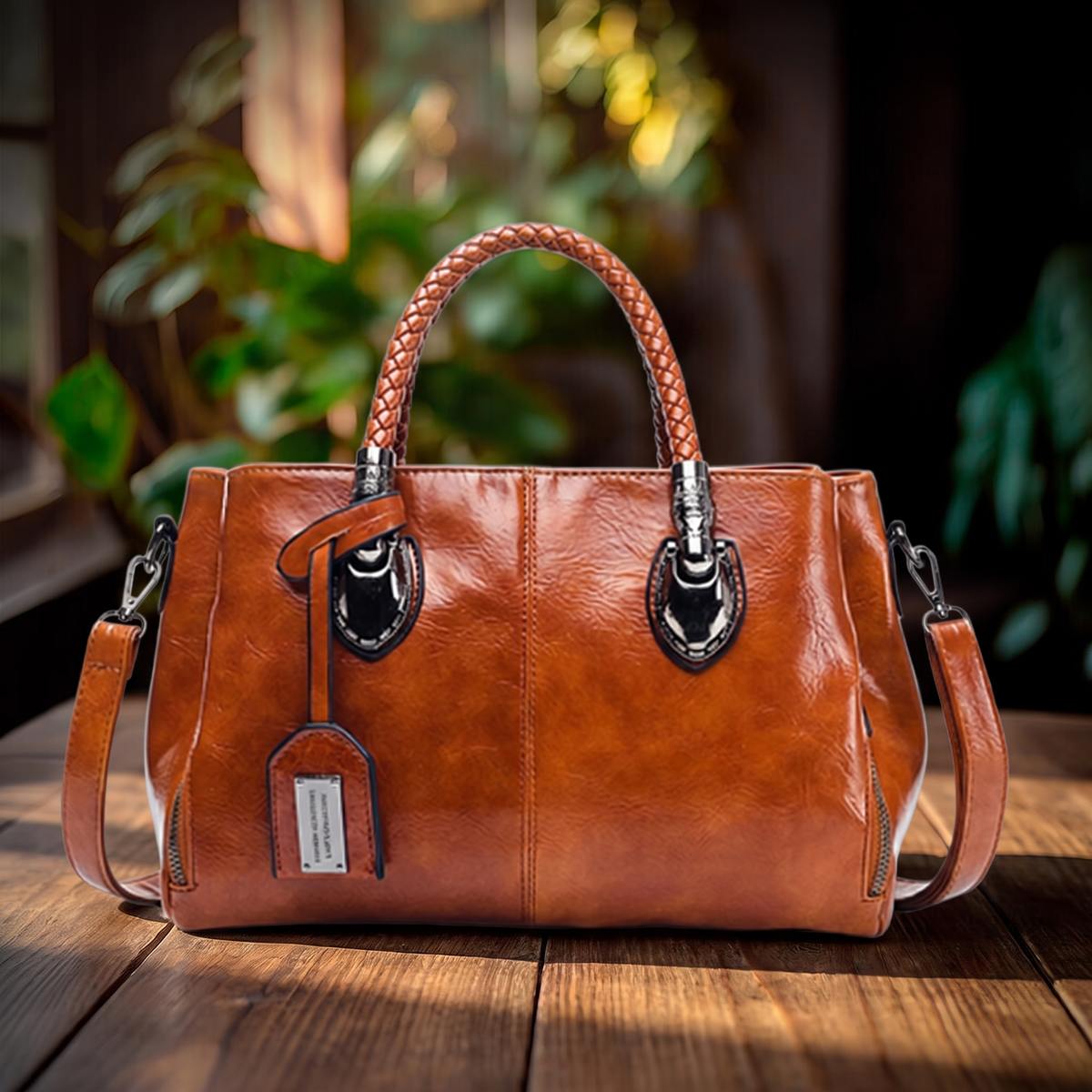 Bolso de mano Polivalente sobre mesa de madera con fondo de plantas