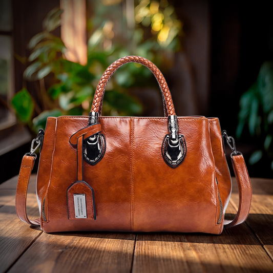 Bolso de mano Polivalente sobre mesa de madera con fondo de plantas