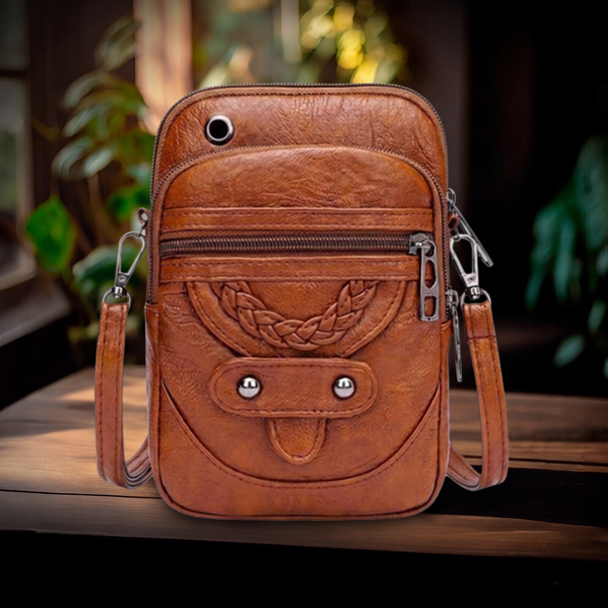 Bolso de Piel Estructurado sobre mesa de madera con fondo de plantas