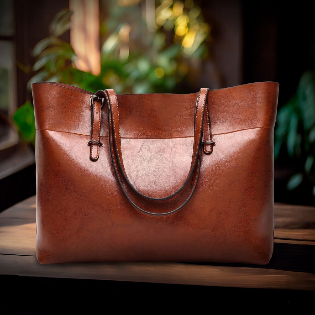 Bolso Esencial Elegante sobre mesa de madera con fondo de plantas
