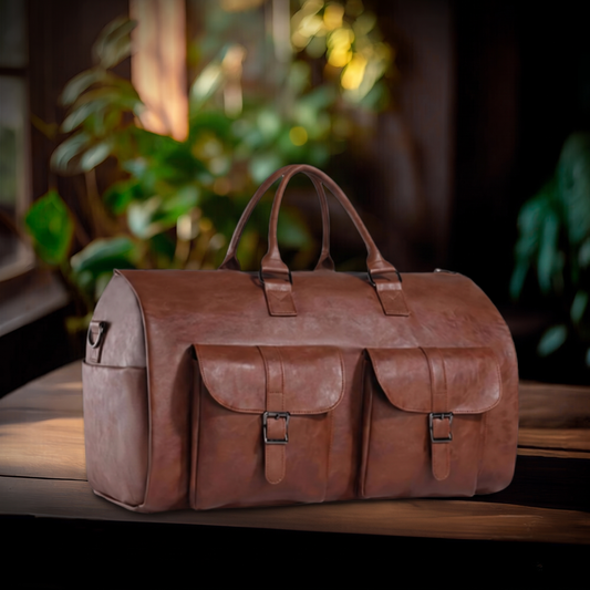 Bolso de Mano Atemporal sobre mesa de madera con fondo de plantas