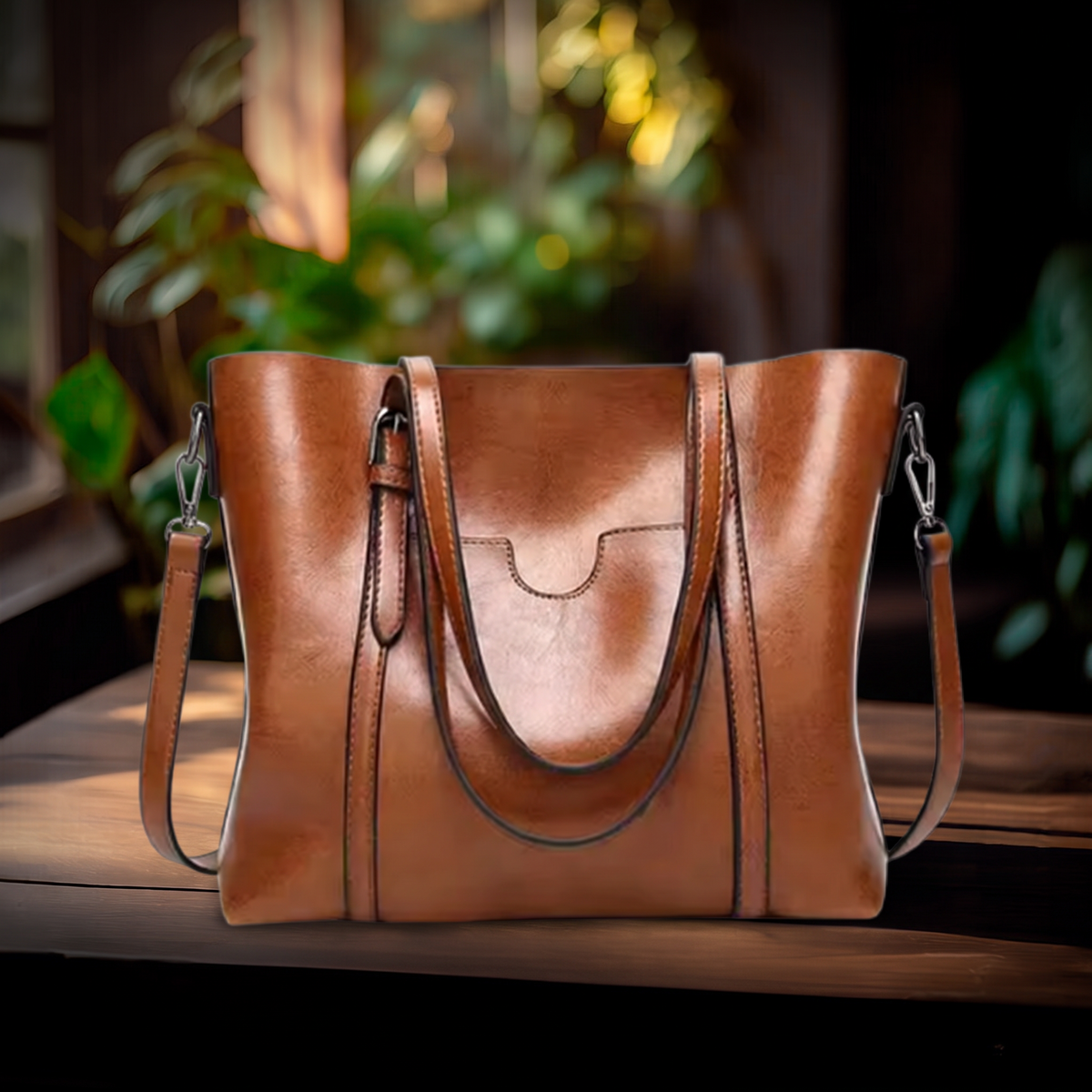 Bolso de Cuero de Lujo sobre mesa de madera con fondo de plantas