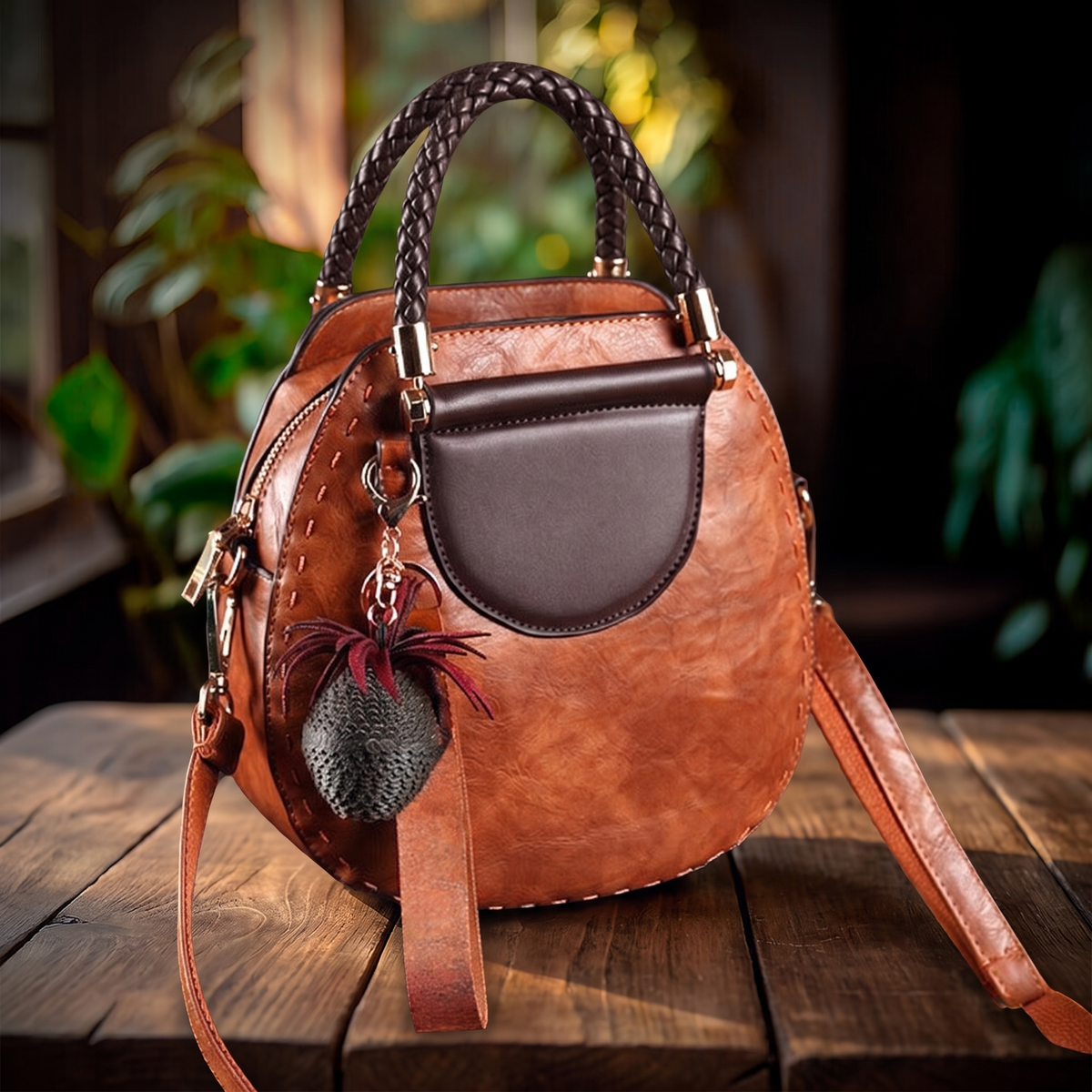 Bolso forrado polivalente sobre mesa de madera con fondo de plantas