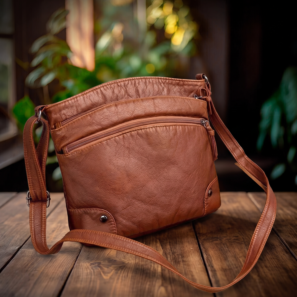 Bolso de Piel Elegante sobre mesa de madera con fondo de plantas