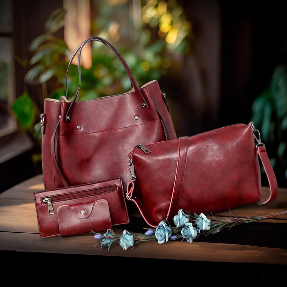 Conjunto de bolsos vintage de 4 piezas sobre mesa de madera con fondo de plantas