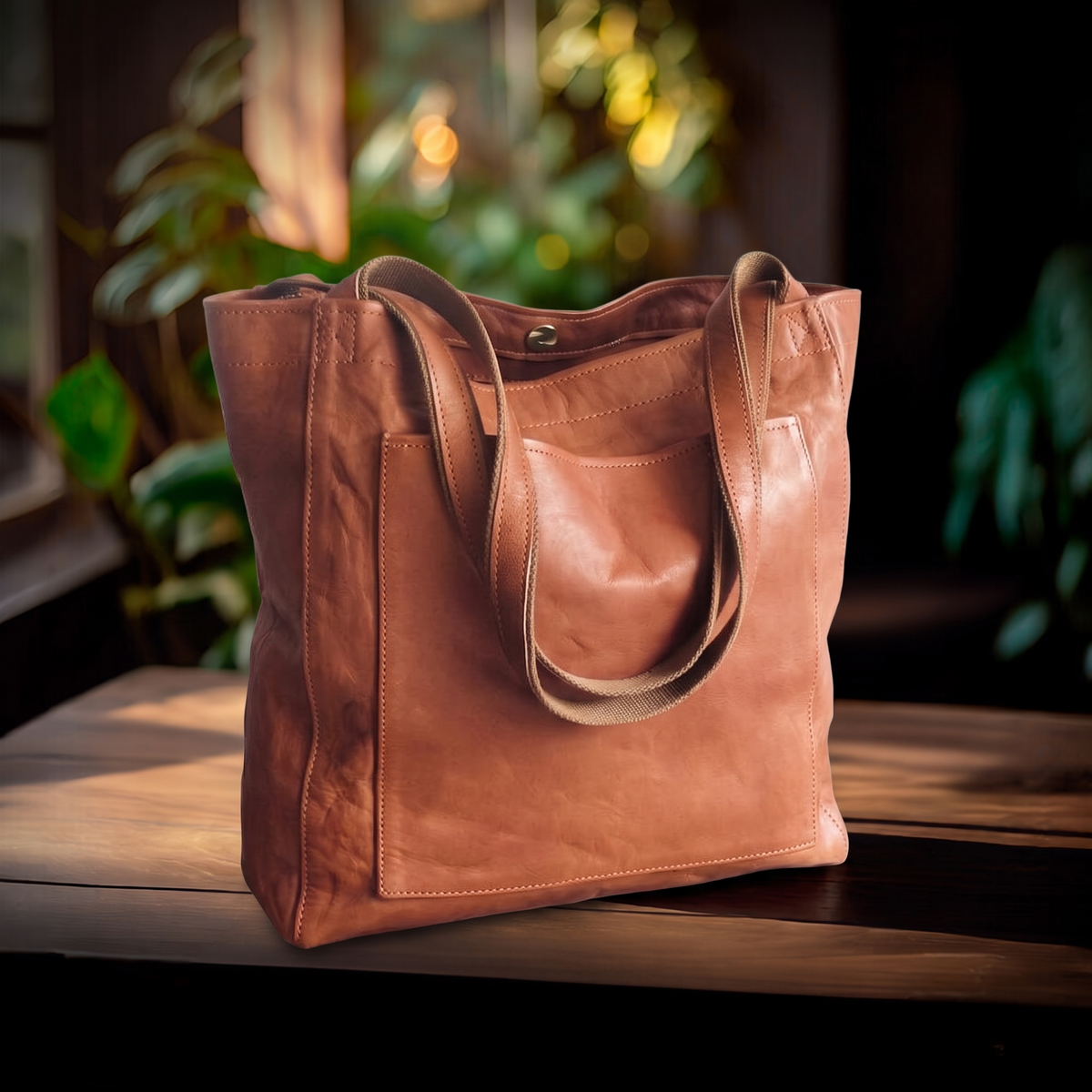Bolso de piel Clasico sobre mesa de madera con fondo de plantas