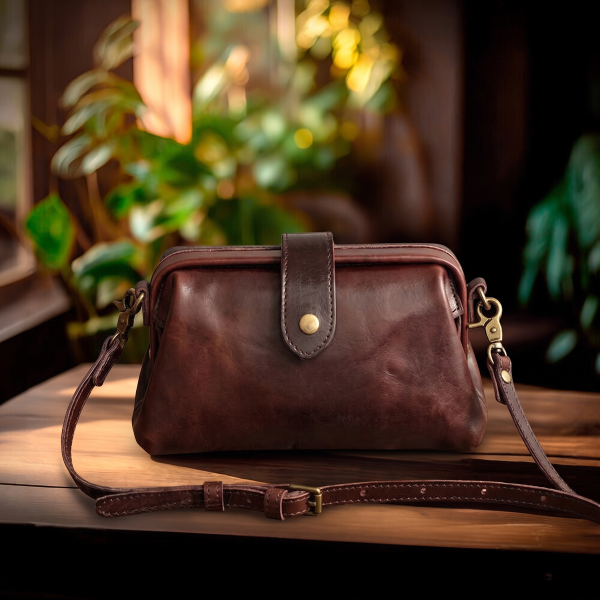Bolso Bandolera Clasico sobre mesa de madera con fondo de plantas