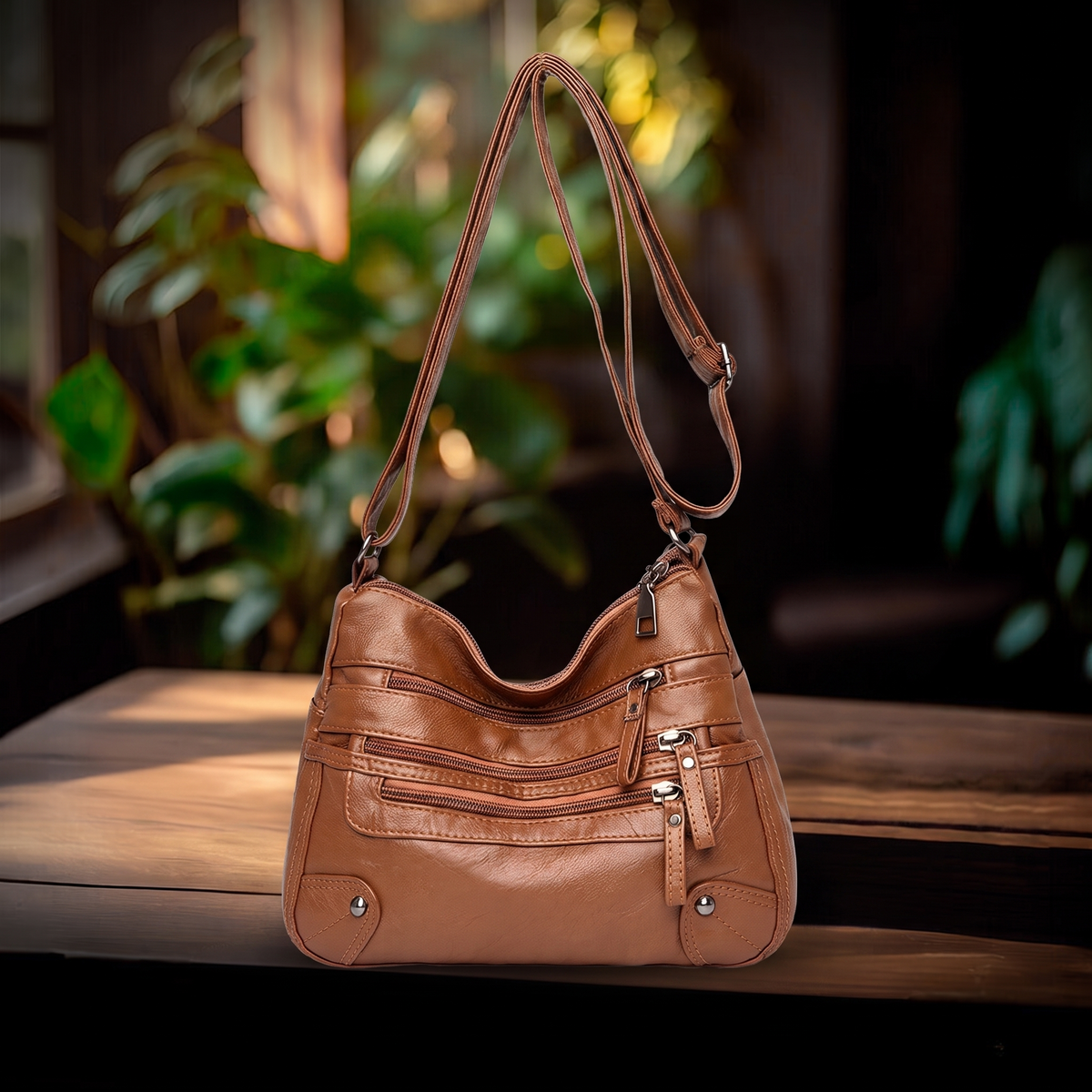 Bolso Elegante sobre mesa de madera con fondo de plantas