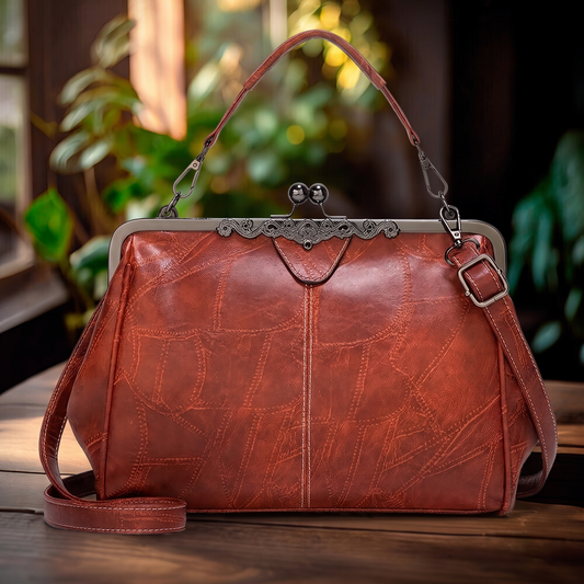 Bolso de Piel Vintage sobre mesa de madera con fondo de plantas