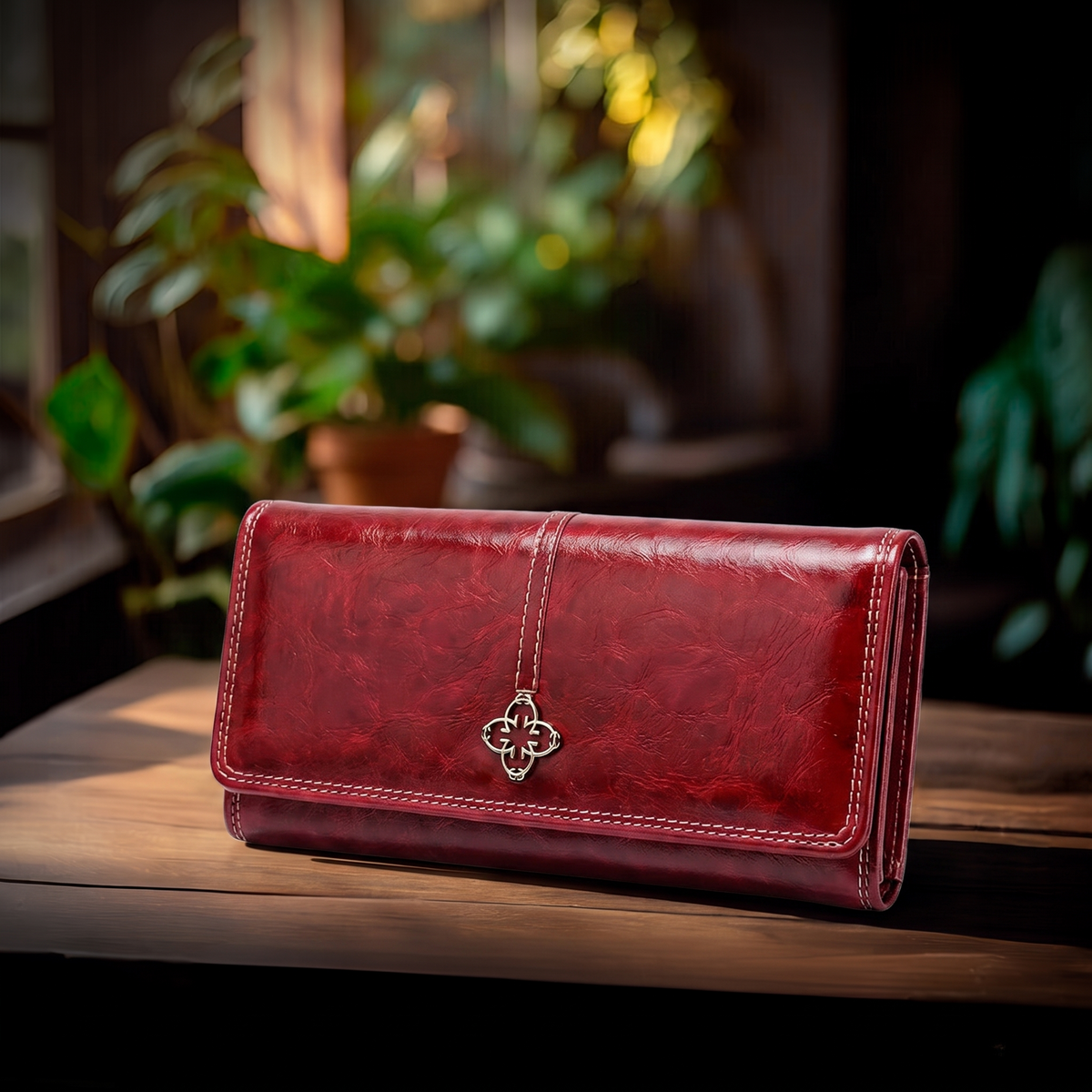 Cartera en Tendencia sobre mesa de madera con fondo de plantas