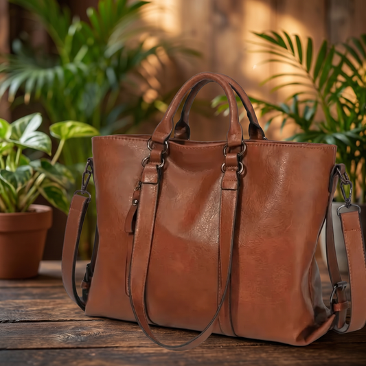 Bolso Cotidiano Atemporal sobre mesa de madera con fondo de plantas