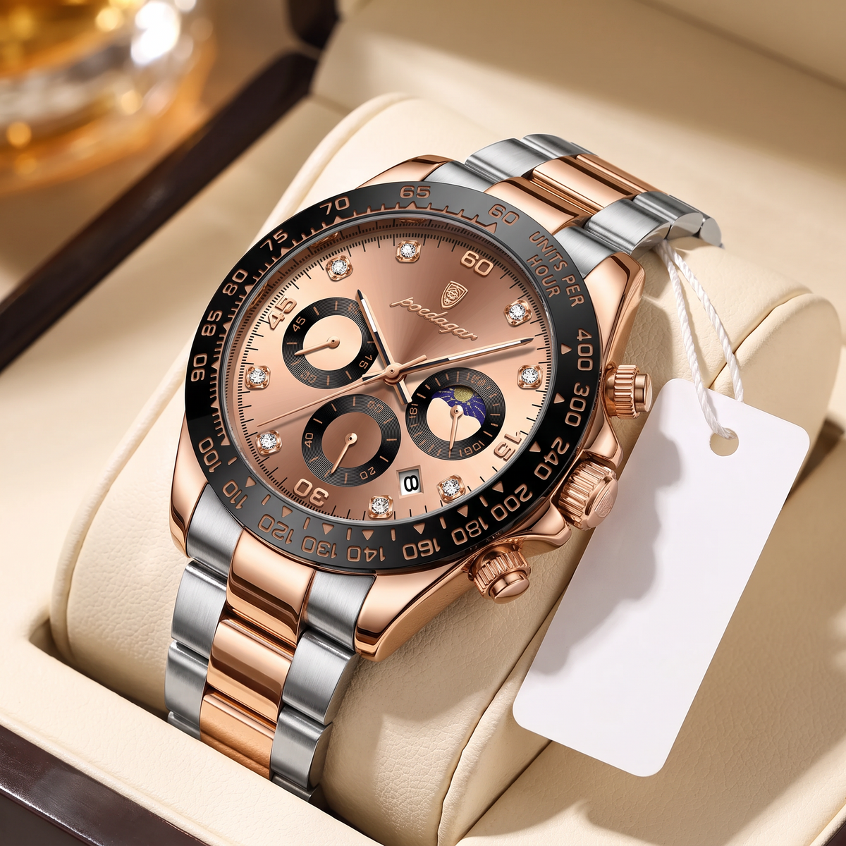 Royale Monza Rose Gold en su caja de presentación