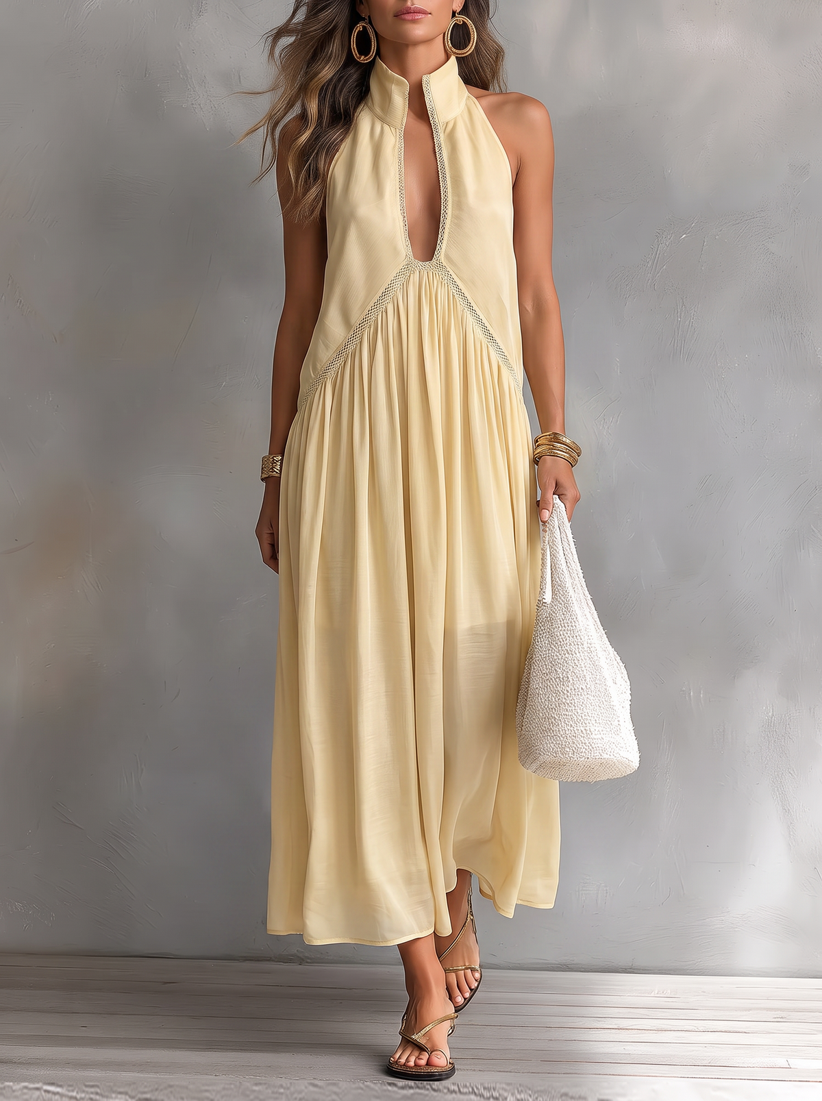 Vestido Mini Amarillo con Escote en V y Encaje con fondo gris texturizado
