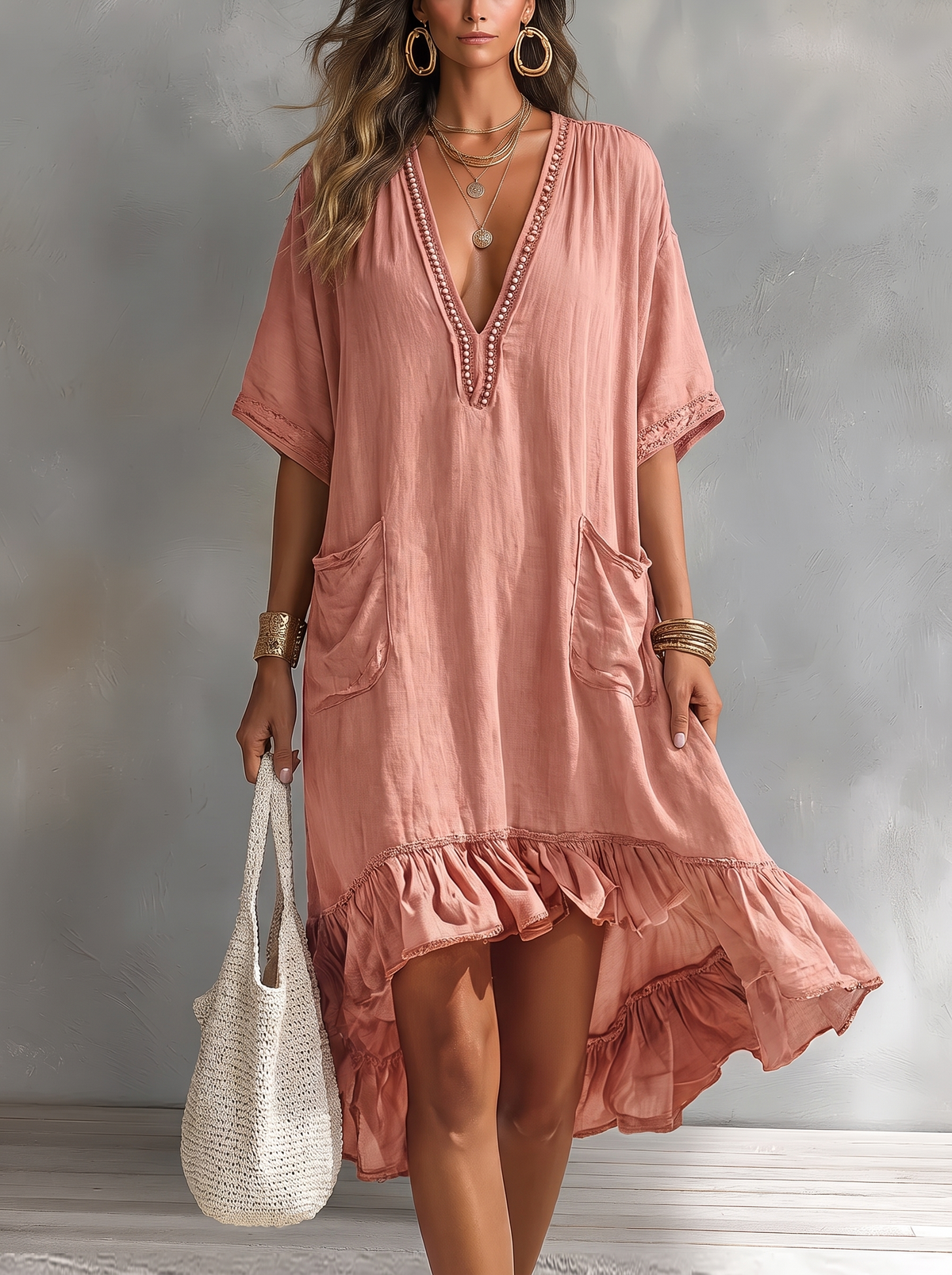 Vestido Midi Rosa de Lino y Algodón con fondo gris texturizado