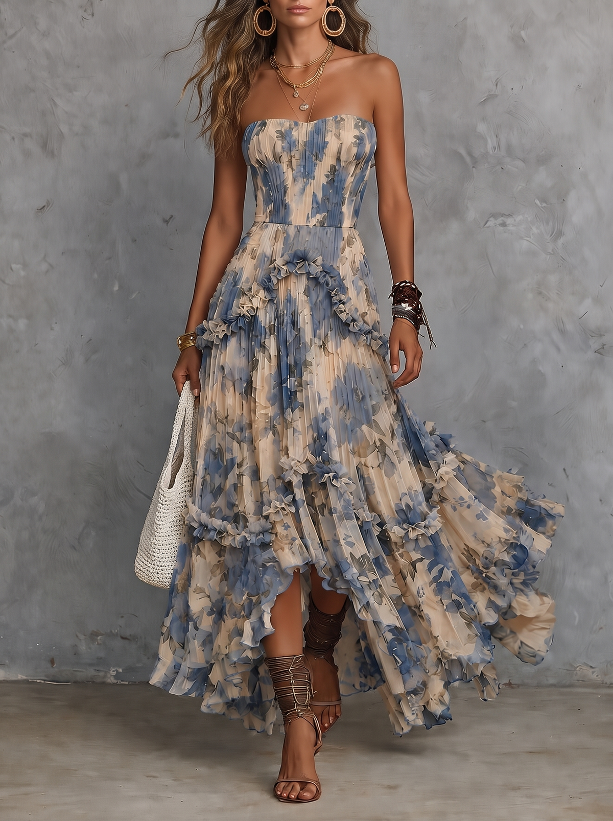 Vestido Largo Palabra de Honor con Volantes con fondo gris texturizado