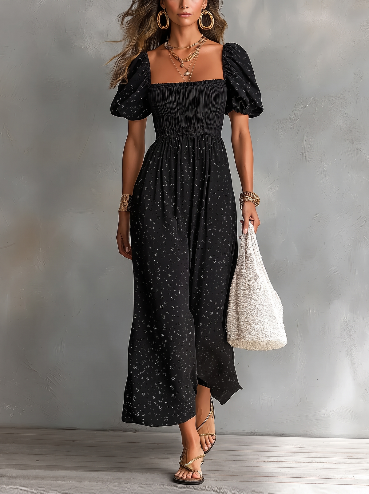Vestido Mini Floral con Encaje con fondo gris texturizado