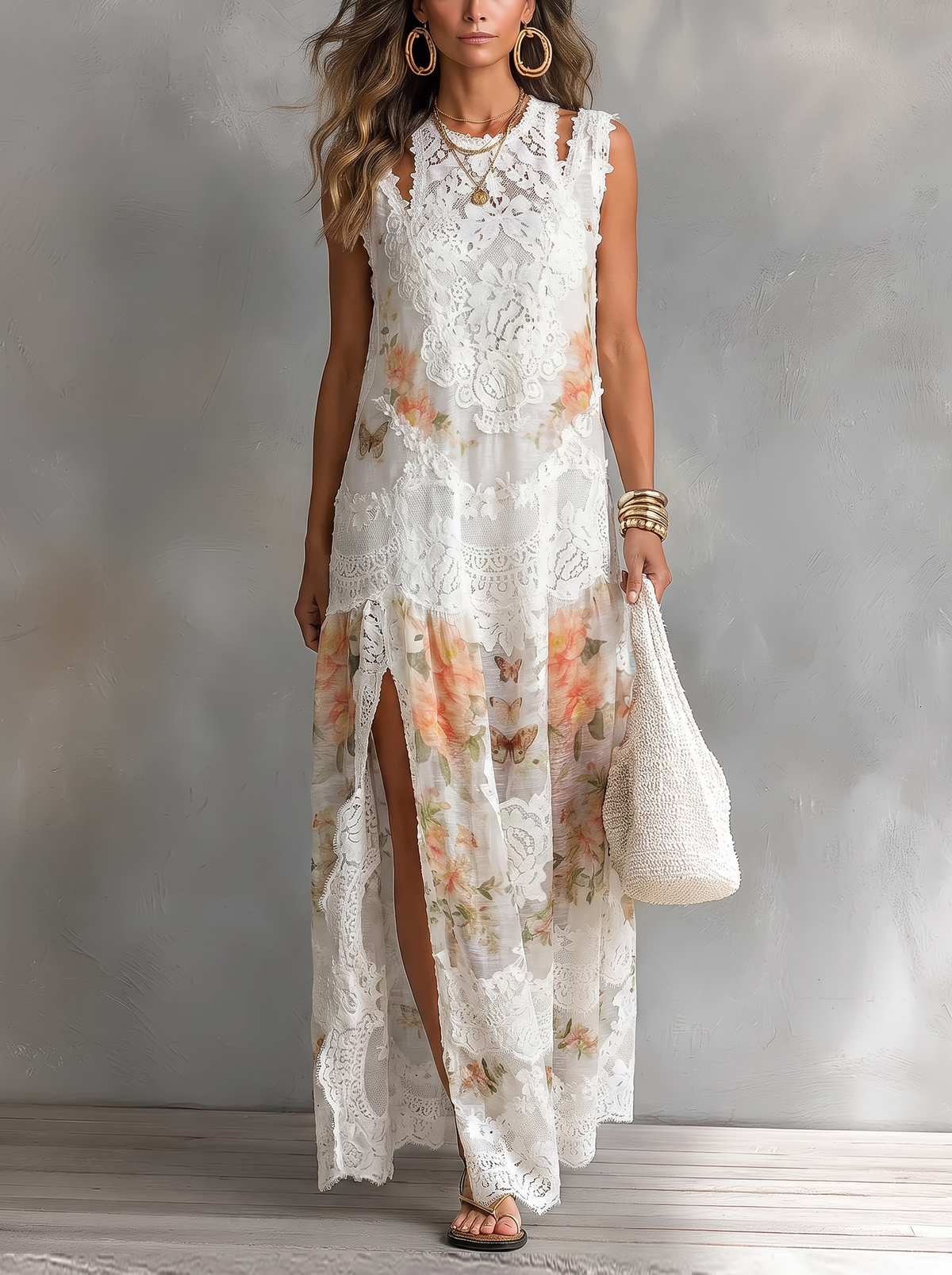 Vestido Maxi de Encaje Kelly con fondo gris texturizado