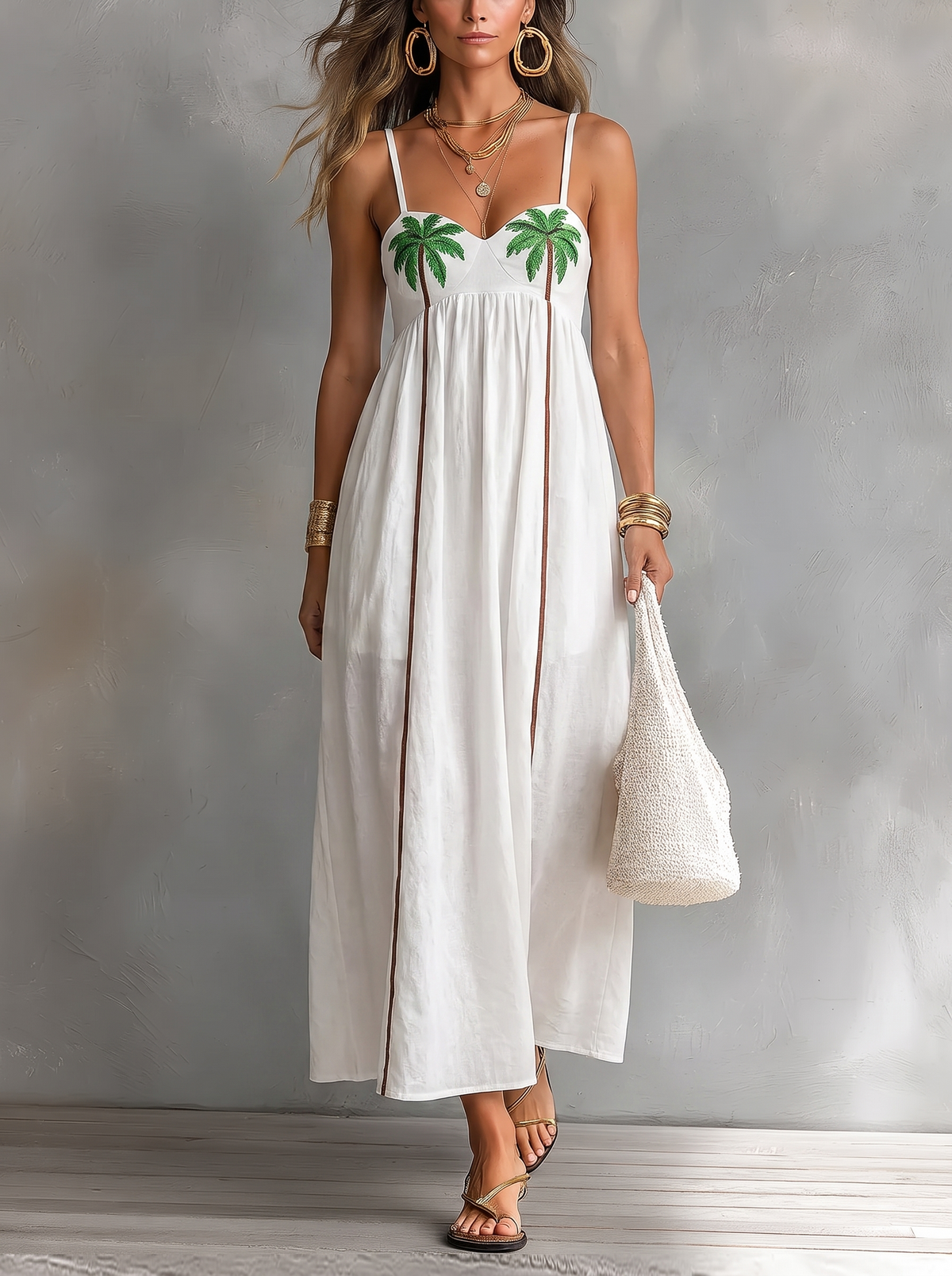 Vestido Lencero Palm Oasis con fondo gris texturizado