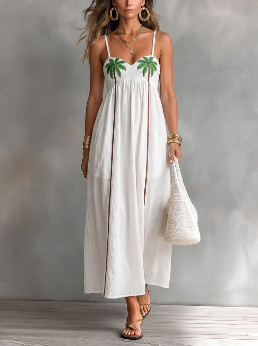 Vestido Lencero Palm Oasis con fondo gris texturizado