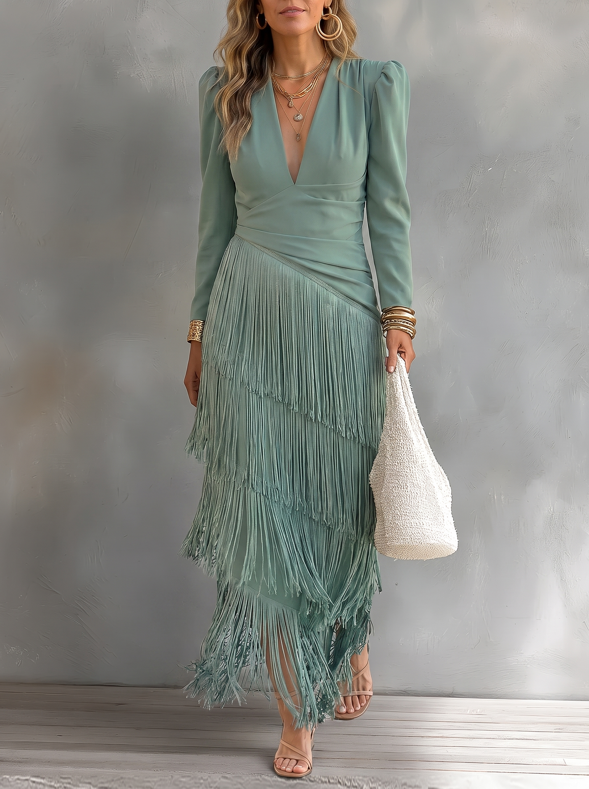 Vestido largo de fiesta con fondo gris texturizado