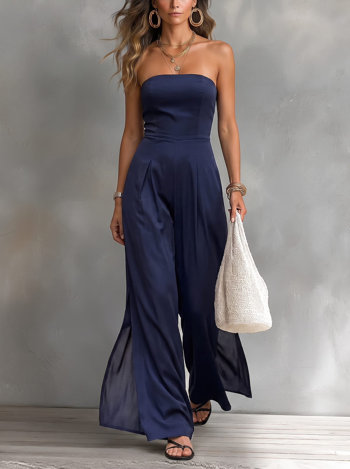 Vestido sin tirantes de pierna ancha con fondo gris texturizado