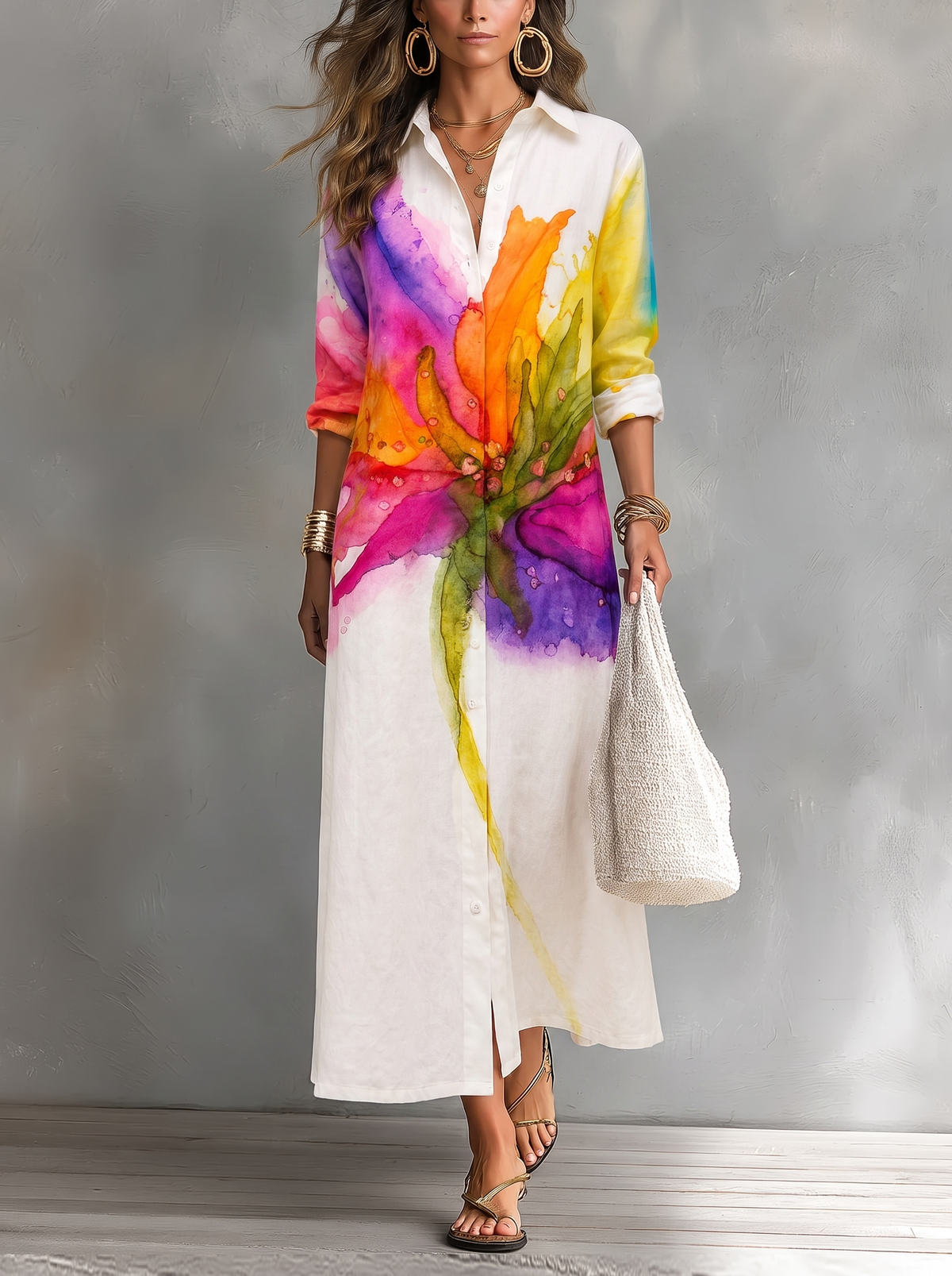 Vestido Camisero Floral con fondo gris texturizado