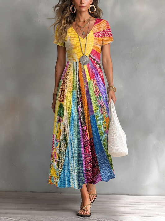 Vestido Colorido Vintage con fondo gris texturizado