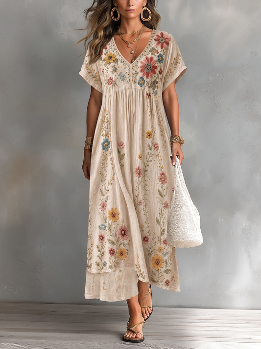 Vestido Desenfadado con Estampado Floral con fondo gris texturizado
