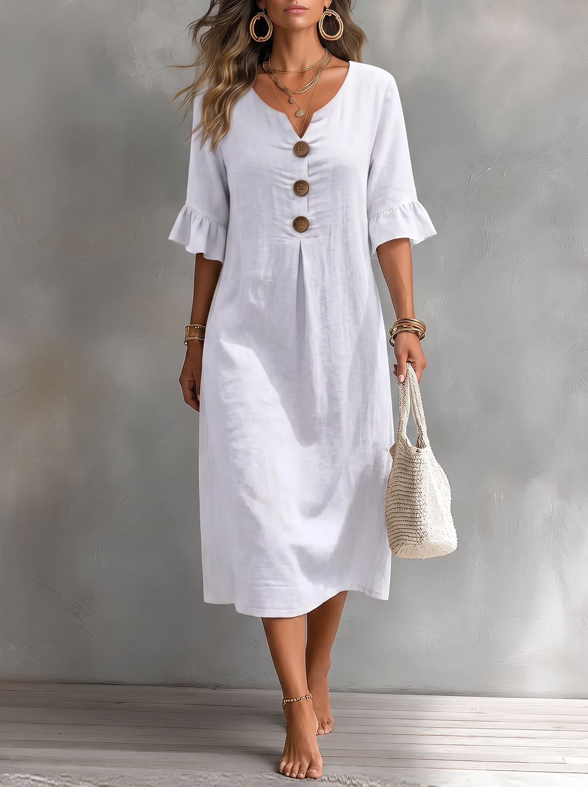 Vanesa Vestido de Lino con Manga Abullonada con fondo gris texturizado