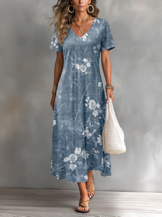 Vestido Vintage con Estampado Floral con fondo gris texturizado