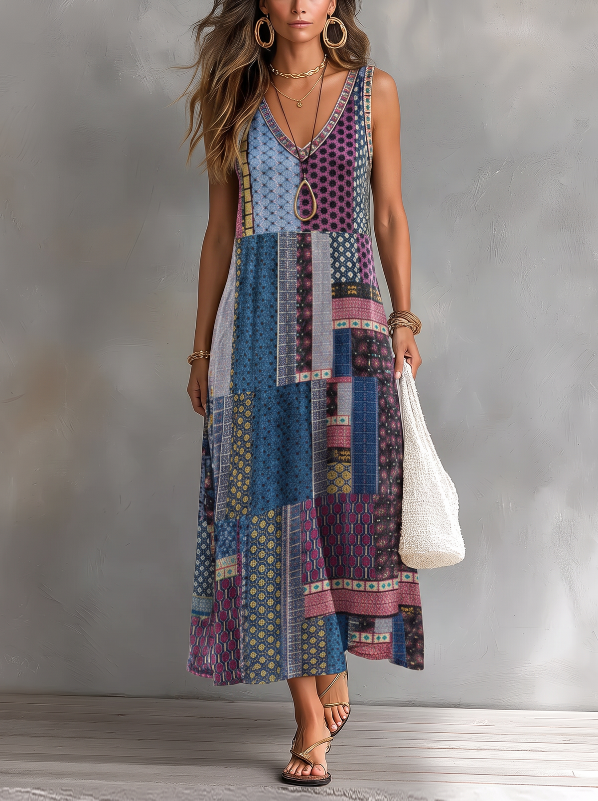 Vestido Vintage Desenfadado con Bolsillos con fondo gris texturizado