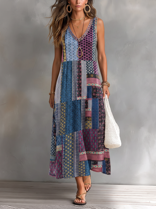 Vestido Vintage Desenfadado con Bolsillos con fondo gris texturizado