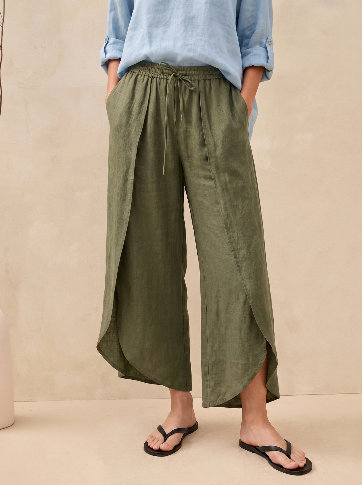 100% Lino Pierna Ancha con fondo beige