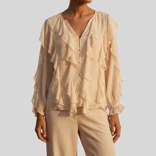 Blusa Bolta Elegancia Relajada con fondo gris claro