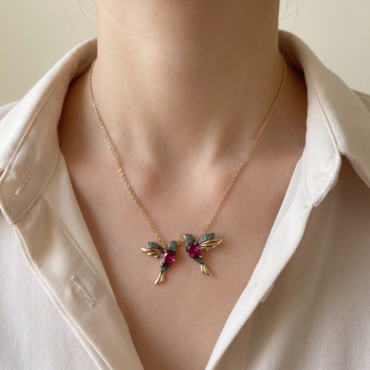 Colgante Chapado en Oro con formas de Colibrí puesto en el escote