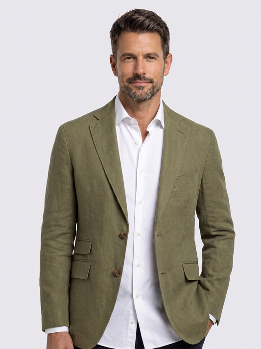 Blazer de Lino Verde con fondo claro tipo estudio