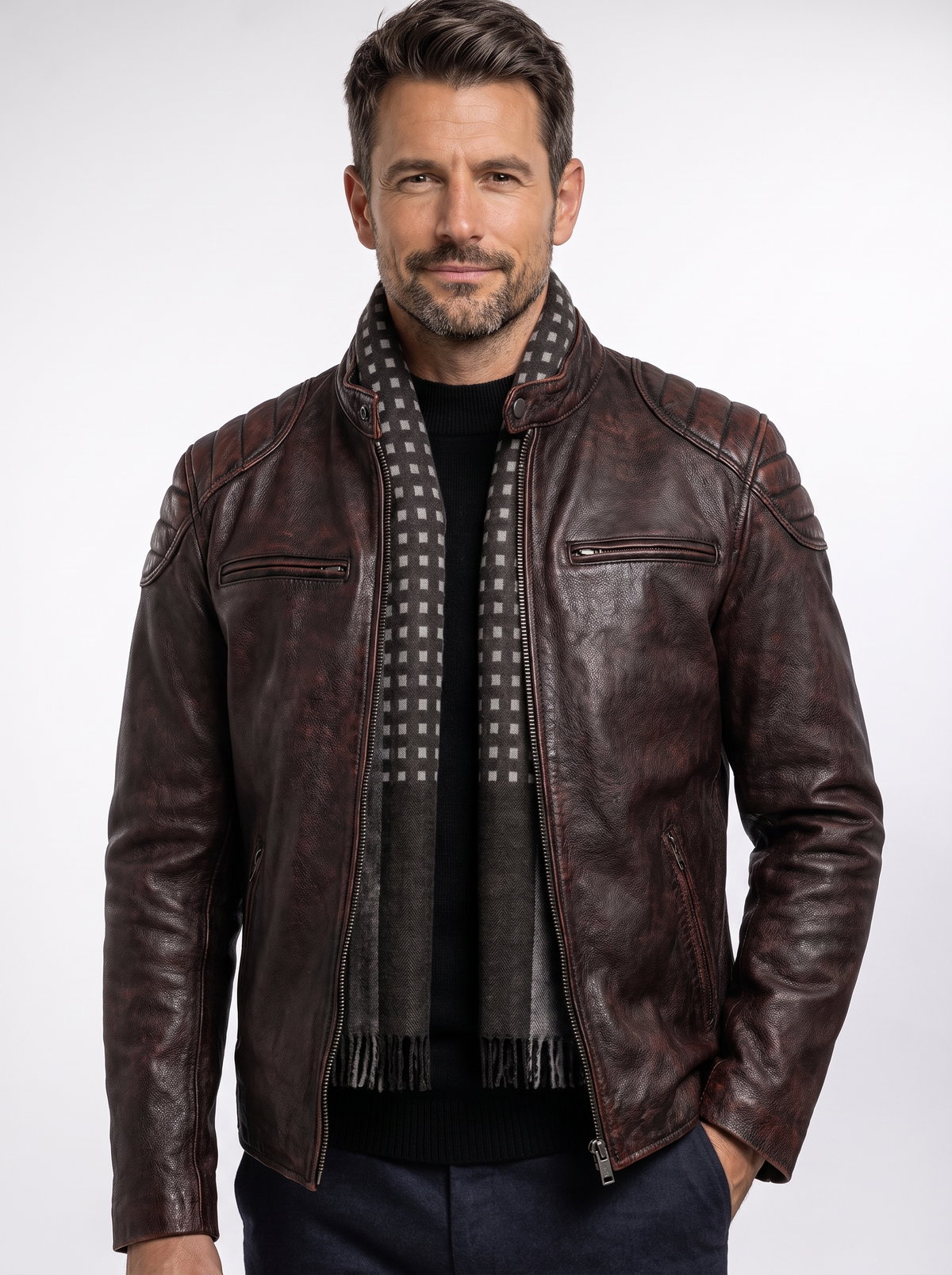 Chaqueta de Piel Firenze Marrón con fondo claro tipo estudio
